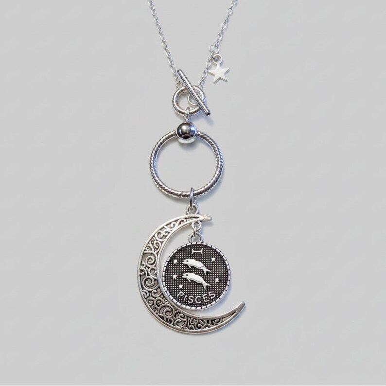Crescent Moon Zodiac Sign Necklace, Silver - 20 inch - - LadybugfeetDesigns -