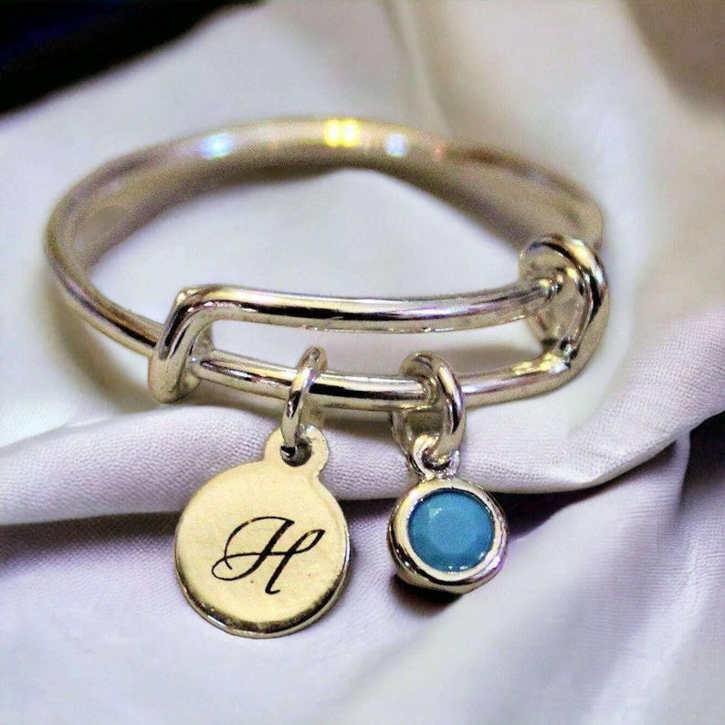 Expandable Initial & Birthstone Charm Ring,Gift for her - - LadybugfeetDesigns -
