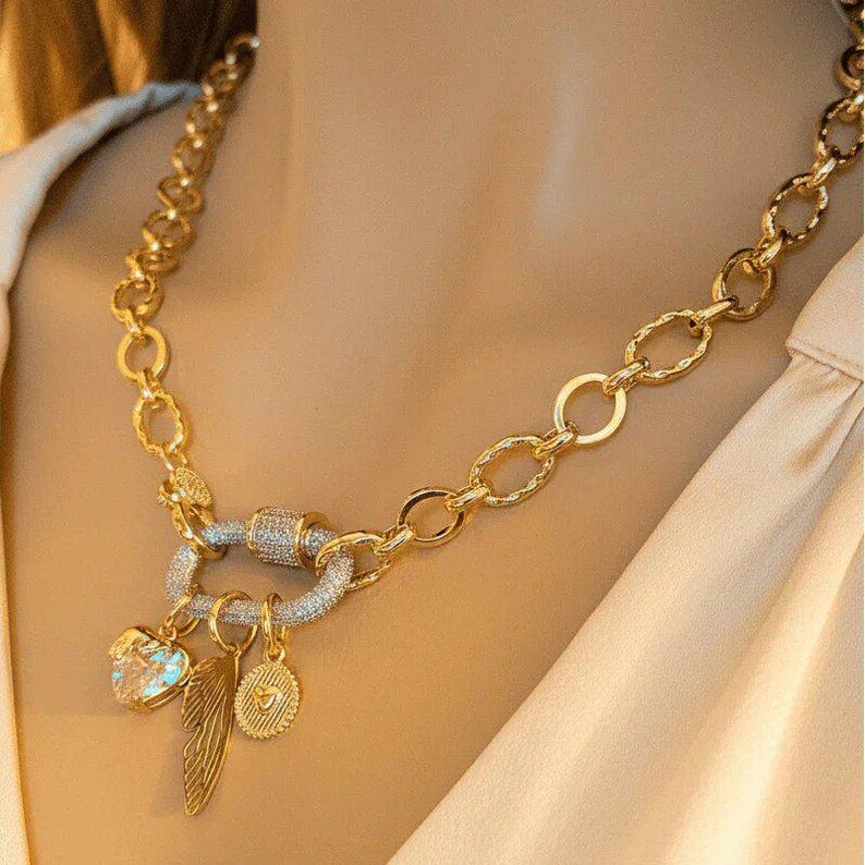 Dragonfly/Fairy Wing, Heart Carabiner Necklace, Gold - 20 inch - - LadybugfeetDesigns -