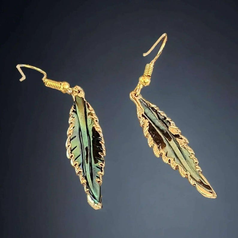 Abalone Feather Gold dangle earrings - - LadybugfeetDesigns -