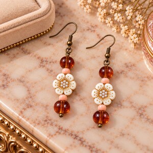 Boho Amber Flower Hook Earrings, Bronze - - LadybugfeetDesigns -