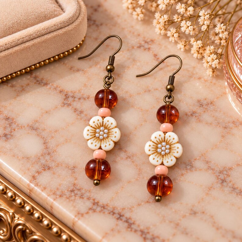 Boho Amber Flower Hook Earrings, Bronze - - LadybugfeetDesigns -