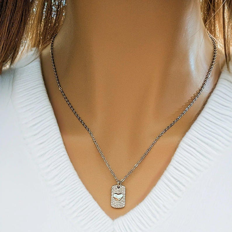 CZ Heart Tag Necklace, Silver - 20 inch - - LadybugfeetDesigns -