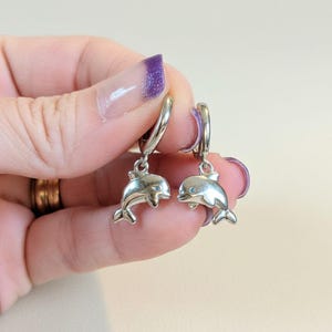 Dolphin Huggie Hoop earrings, Silver - 15mm - - LadybugfeetDesigns -