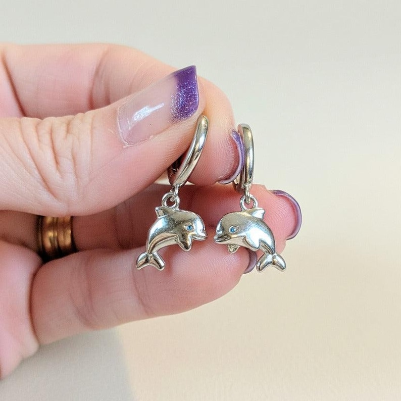 Dolphin Huggie Hoop earrings, Silver - 15mm - - LadybugfeetDesigns -