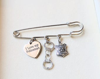I Love My Policeman Safety Pin Brooch, Purse Charm