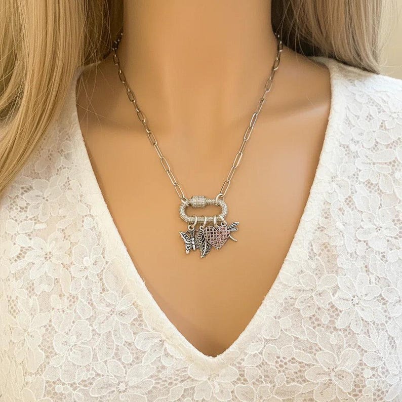 Nature & Love Carabiner Necklace, Silver - Adjusts up to 20 inches - - LadybugfeetDesigns -
