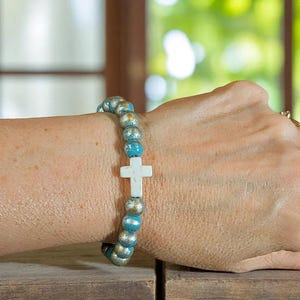 Aqua Silver Gold Beaded Cross Stretch bracelet - - LadybugfeetDesigns -