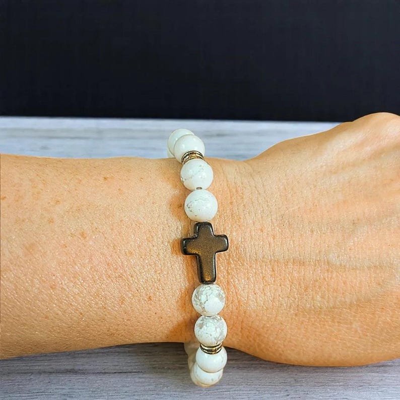 White Gray Beaded Cross Stretch Bracelet-UNISEX - - LadybugfeetDesigns -