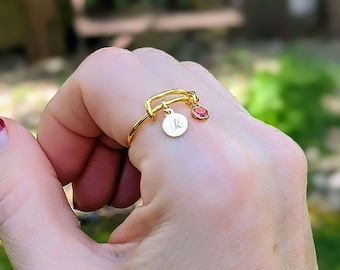 Fancy Initial & Birthstone Charm Ring, Gold