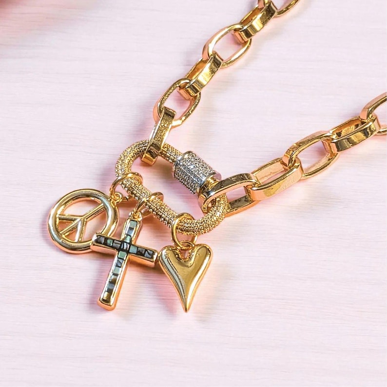Peace & Love Carabiner Necklace, Gold - Adjusts up to 20 inches - - LadybugfeetDesigns -