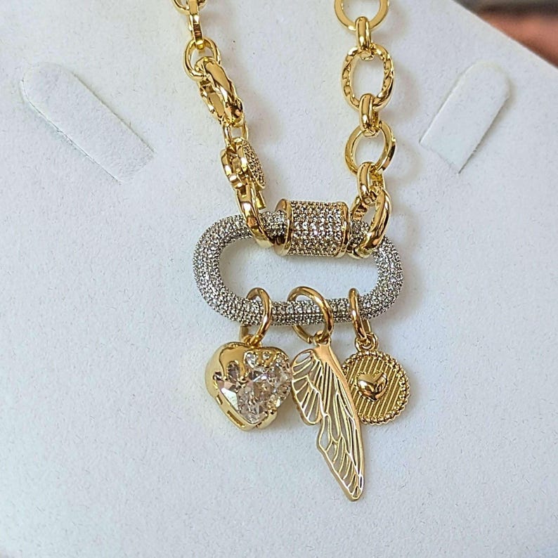 Dragonfly/Fairy Wing, Heart Carabiner Necklace, Gold - Adjusts up to 20 inches - - LadybugfeetDesigns -