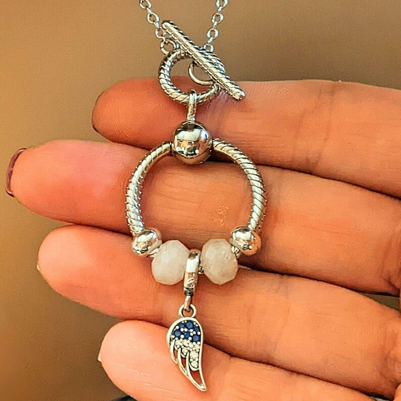 Angel Wing Sterling Silver Toggle Charm Necklace, 20 inches - - LadybugfeetDesigns -