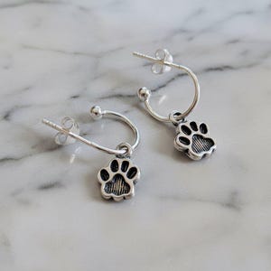 Dog/Cat Paw Mini Hoop Huggie Earrings, Silver- 12mm - - LadybugfeetDesigns -