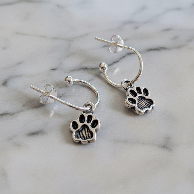 Dog/Cat Paw Mini Hoop Huggie Earrings, Silver- 12mm - - LadybugfeetDesigns -