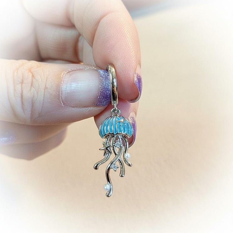 Jellyfish Huggie Hoop earrings, Silver - 15mm - - LadybugfeetDesigns -