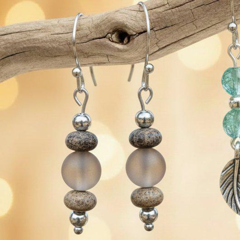 Moonstone/Leopard Skin Jasper Beaded Hook Earrings - - LadybugfeetDesigns -