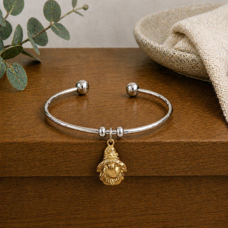 Gold Gnome Euro Bangle Cuff, Silver - - LadybugfeetDesigns -