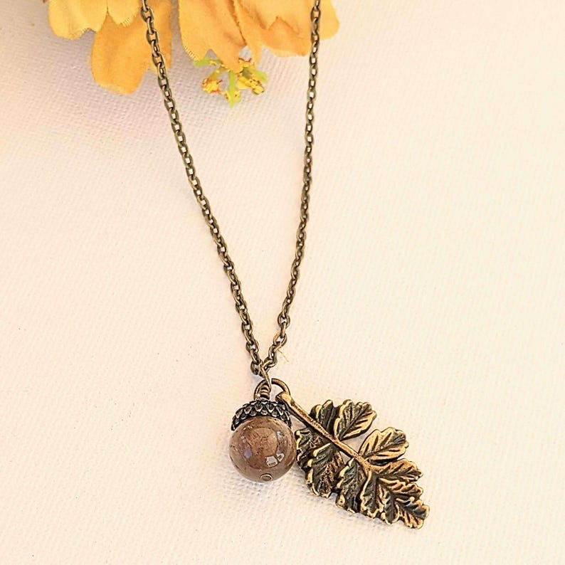 Acorn Oak Leaf Necklace, Antique Bronze - - LadybugfeetDesigns -