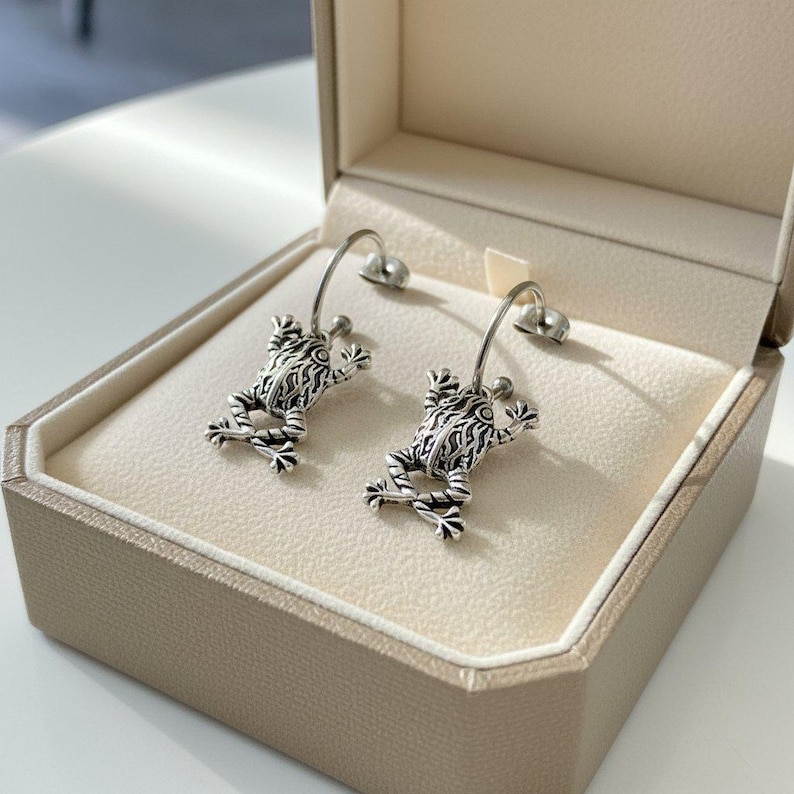 Fancy Frog Hoop Earrings, Silver - 16mm - - LadybugfeetDesigns -