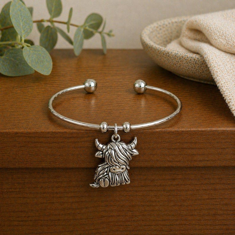 Scottish Highland Cow Euro Bangle Cuff, Silver - - LadybugfeetDesigns -