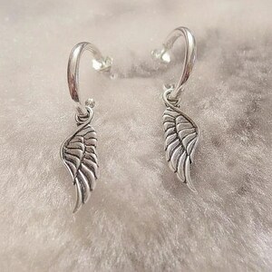 ANGEL Wing Sterling Hoop Earrings, Hoop Drop - - LadybugfeetDesigns -
