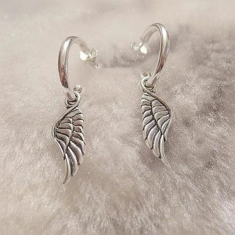 ANGEL Wing Sterling Hoop Earrings, Hoop Drop - - LadybugfeetDesigns -