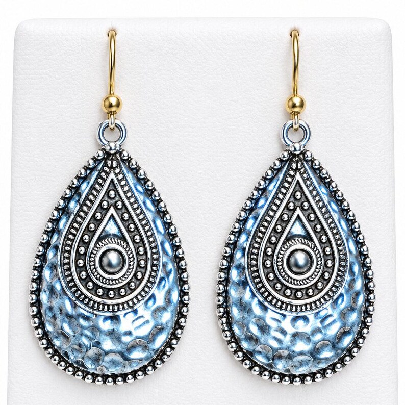 Hammered Two-Tone Boho Teardrop Hook Earrings, Gold - - LadybugfeetDesigns -