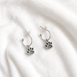 Dog/Cat Paw Mini Hoop Huggie Earrings, Silver- 12mm - - LadybugfeetDesigns -