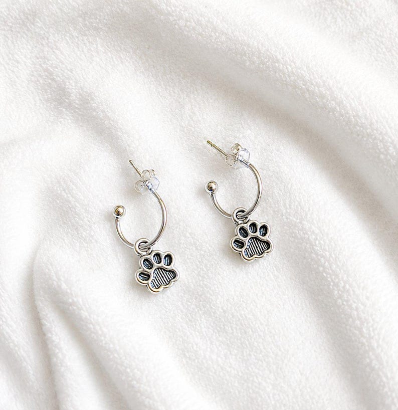 Dog/Cat Paw Mini Hoop Huggie Earrings, Silver- 12mm - - LadybugfeetDesigns -