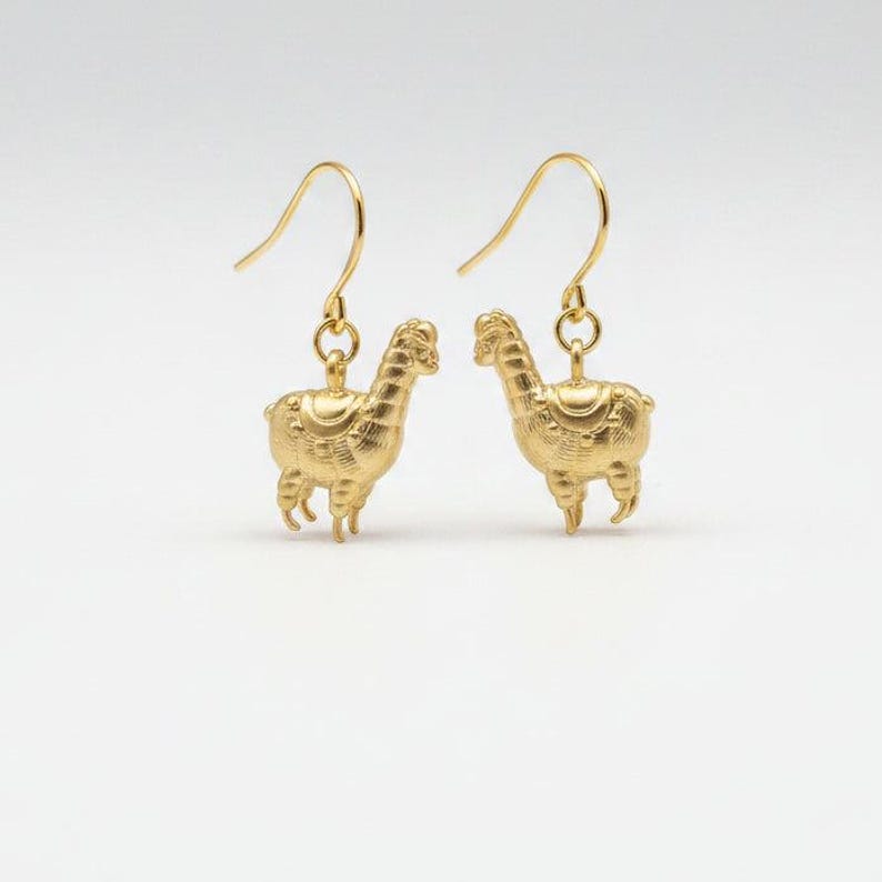 Alpaca/llama Hook Earrings, Gold - - LadybugfeetDesigns -