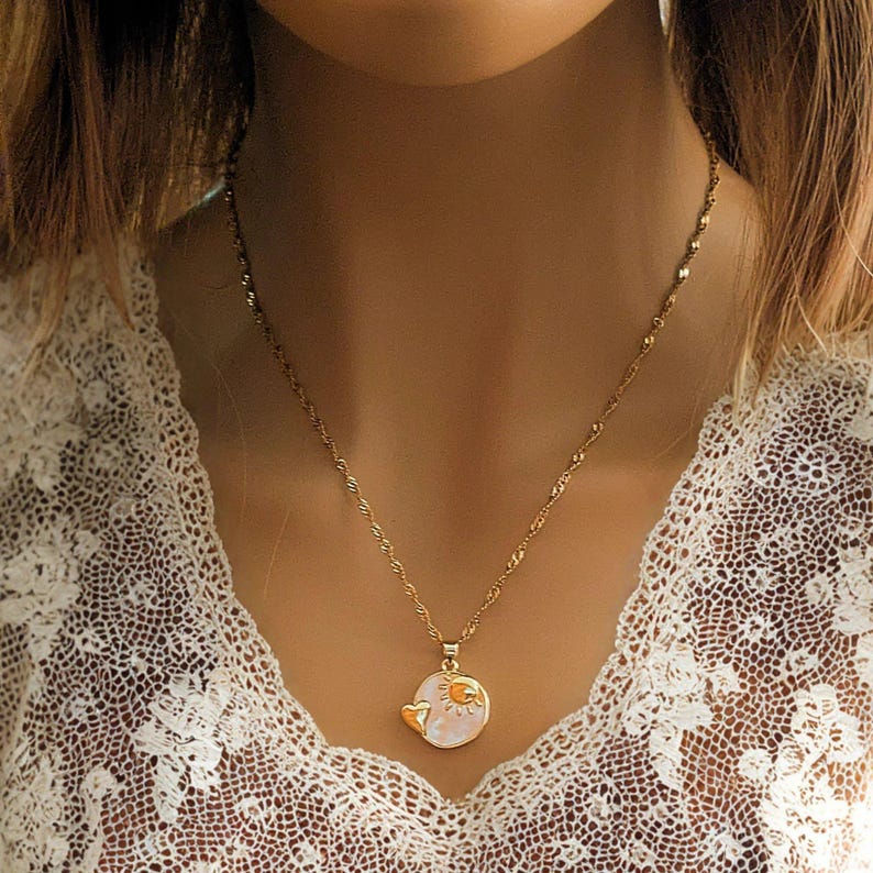 Pearl Shell Heart Sun necklace, Gold- 20 inch - - LadybugfeetDesigns -