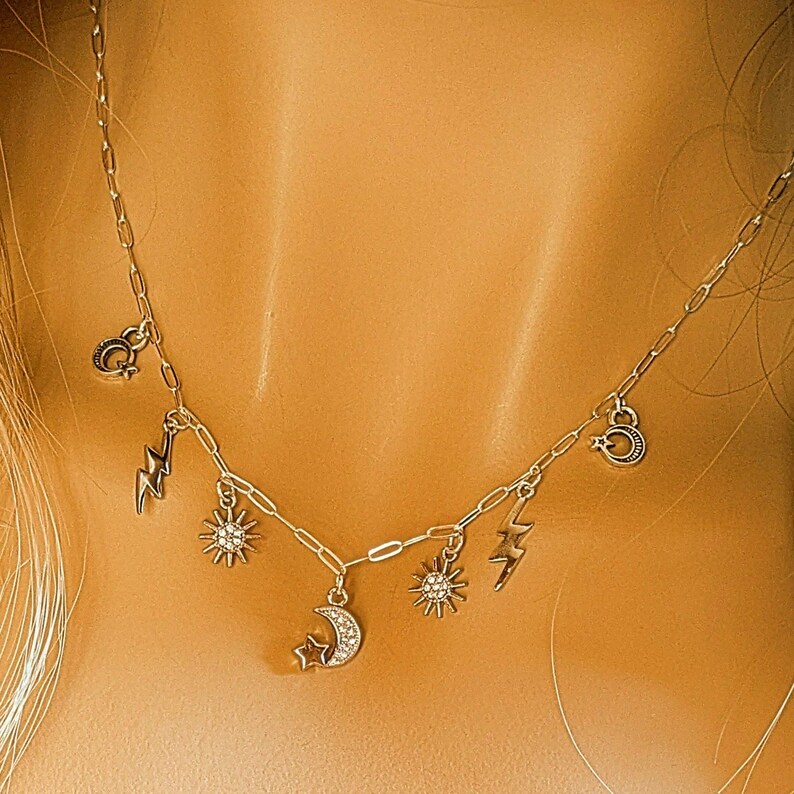 Celestial Multi Charm Link Necklace, .925 Sterling Silver - 20 inch - - LadybugfeetDesigns -