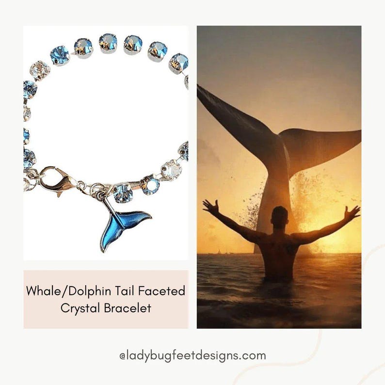 Whale/Dolphin Tail Faceted Crystal Bracelet, Silver - - LadybugfeetDesigns -