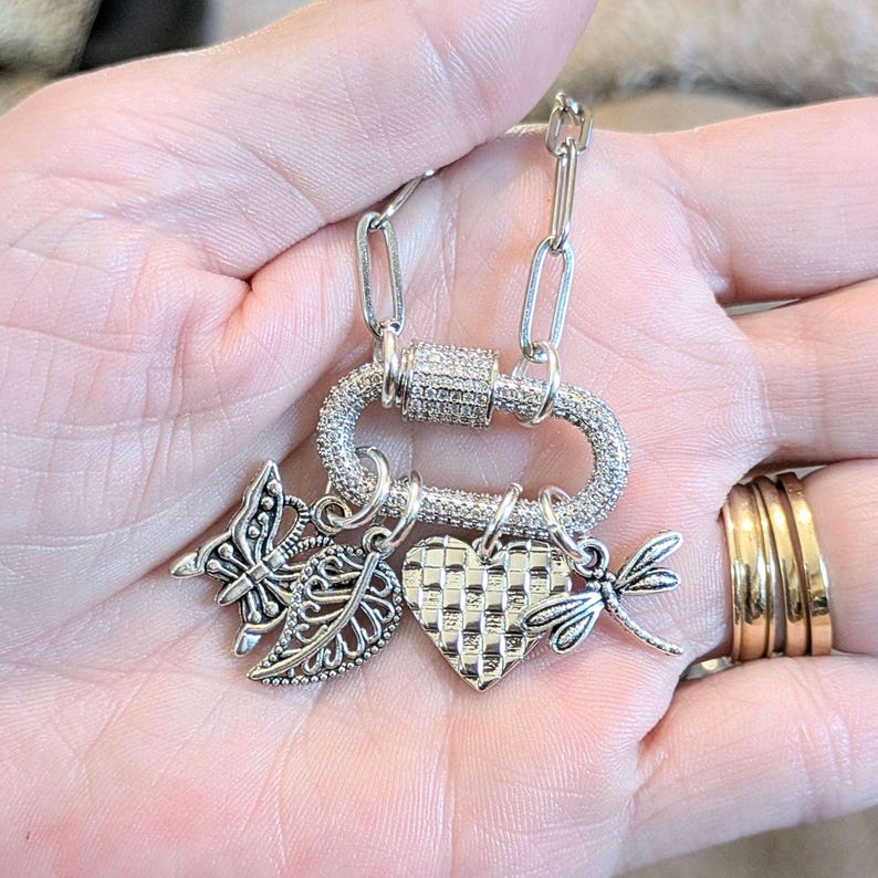 Nature & Love Carabiner Necklace, Silver - Adjusts up to 20 inches - - LadybugfeetDesigns -