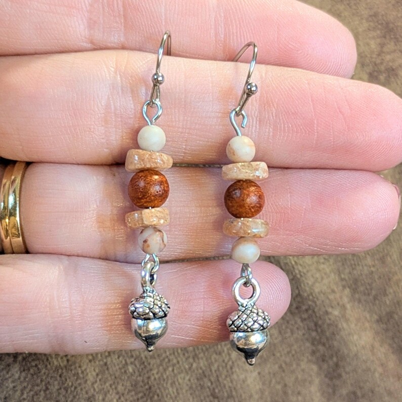 Acorn Beaded Sunstone Hook Earrings, Silver - - LadybugfeetDesigns -