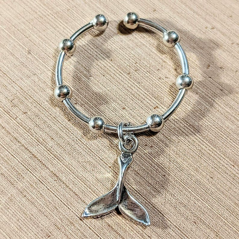 Sterling Silver Whale Tail Adjustable Charm Ring - - LadybugfeetDesigns -