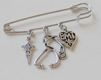 EMT - Emergency Medical Technician Safety Pin Brooch, Purse Charm