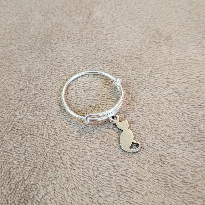 Kitten Adjustable Charm Ring, Silver - - LadybugfeetDesigns -