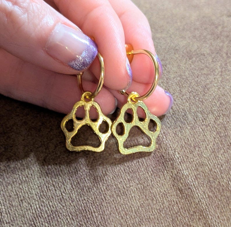 Dog Paw Hoop earrings, Gold - 16mm - - LadybugfeetDesigns -