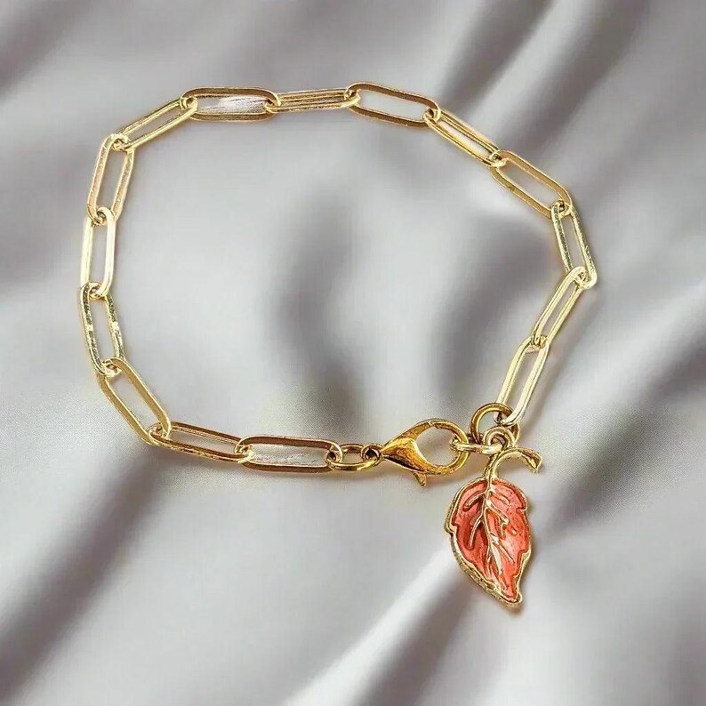 Autumn Leaf Gold Paperclip Chain Bracelet - - LadybugfeetDesigns -