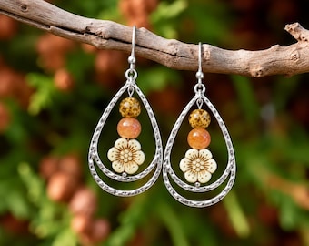 Gold Bead Hammered Teardrop Flower Bead Earrings, Silver