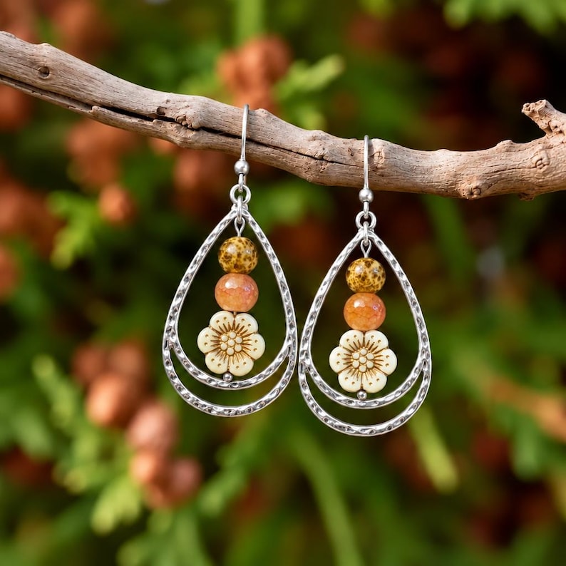 Gold Bead Hammered Teardrop Flower Bead Earrings, Silver - - LadybugfeetDesigns -