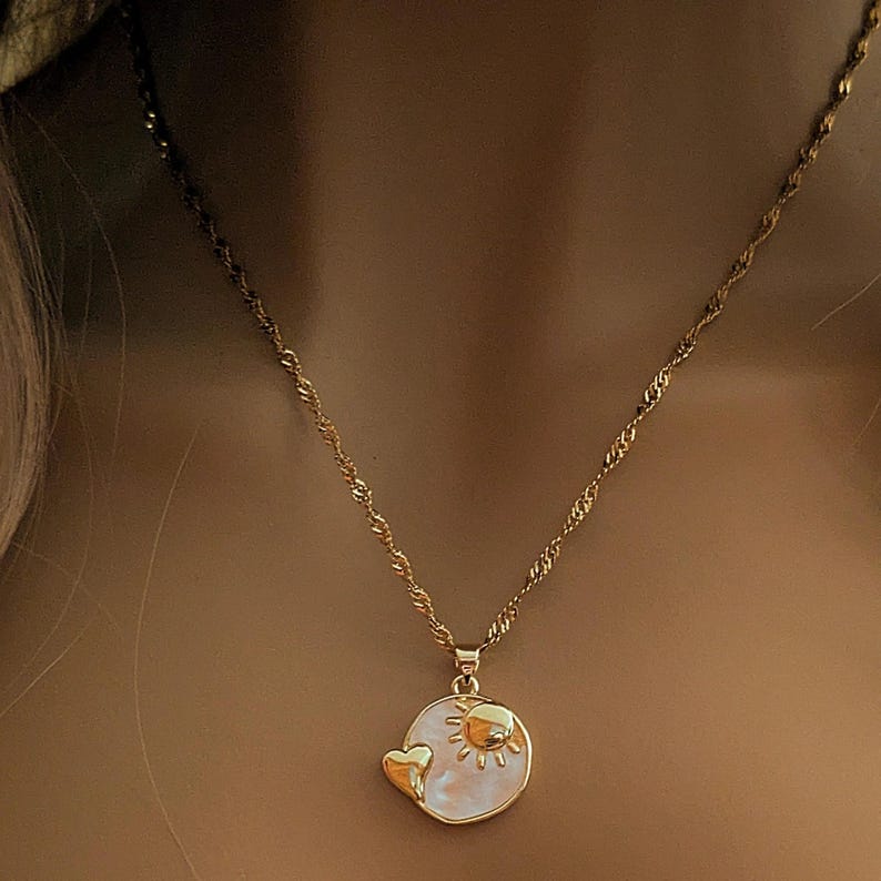 Pearl Shell Heart Sun necklace, Gold- 20 inch - - LadybugfeetDesigns -