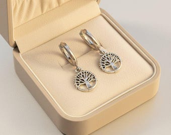 Orecchini a cerchio Albero della Vita, argento - 10 mm