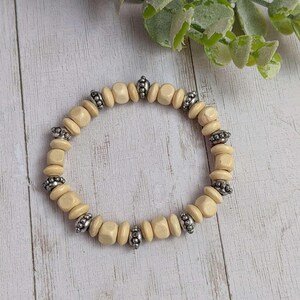 Silver Spacer & Ivory Wood Bead Stretch bracelet - Unisex - - LadybugfeetDesigns -