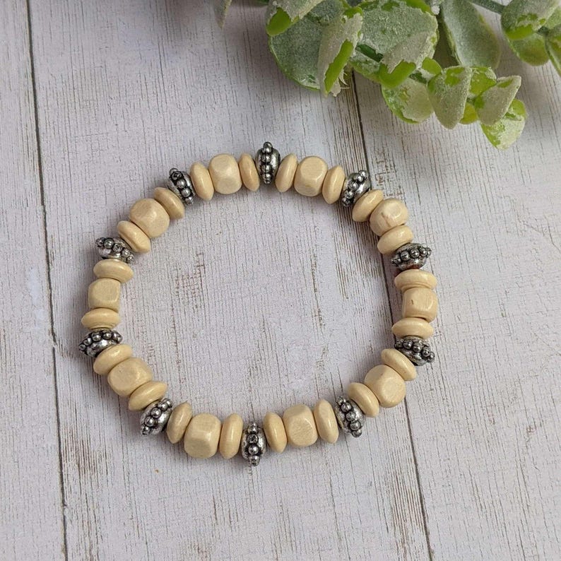 Silver Spacer & Ivory Wood Bead Stretch bracelet - Unisex - - LadybugfeetDesigns -