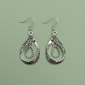 Double Tear Drop Ornate Dangle Earrings - - LadybugfeetDesigns -
