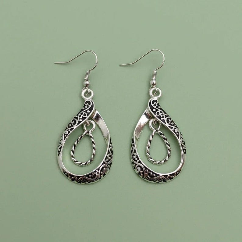Double Tear Drop Ornate Dangle Earrings - - LadybugfeetDesigns -