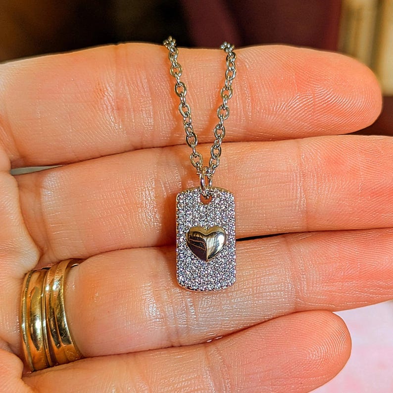 CZ Heart Tag Necklace, Silver - 20 inch - - LadybugfeetDesigns -